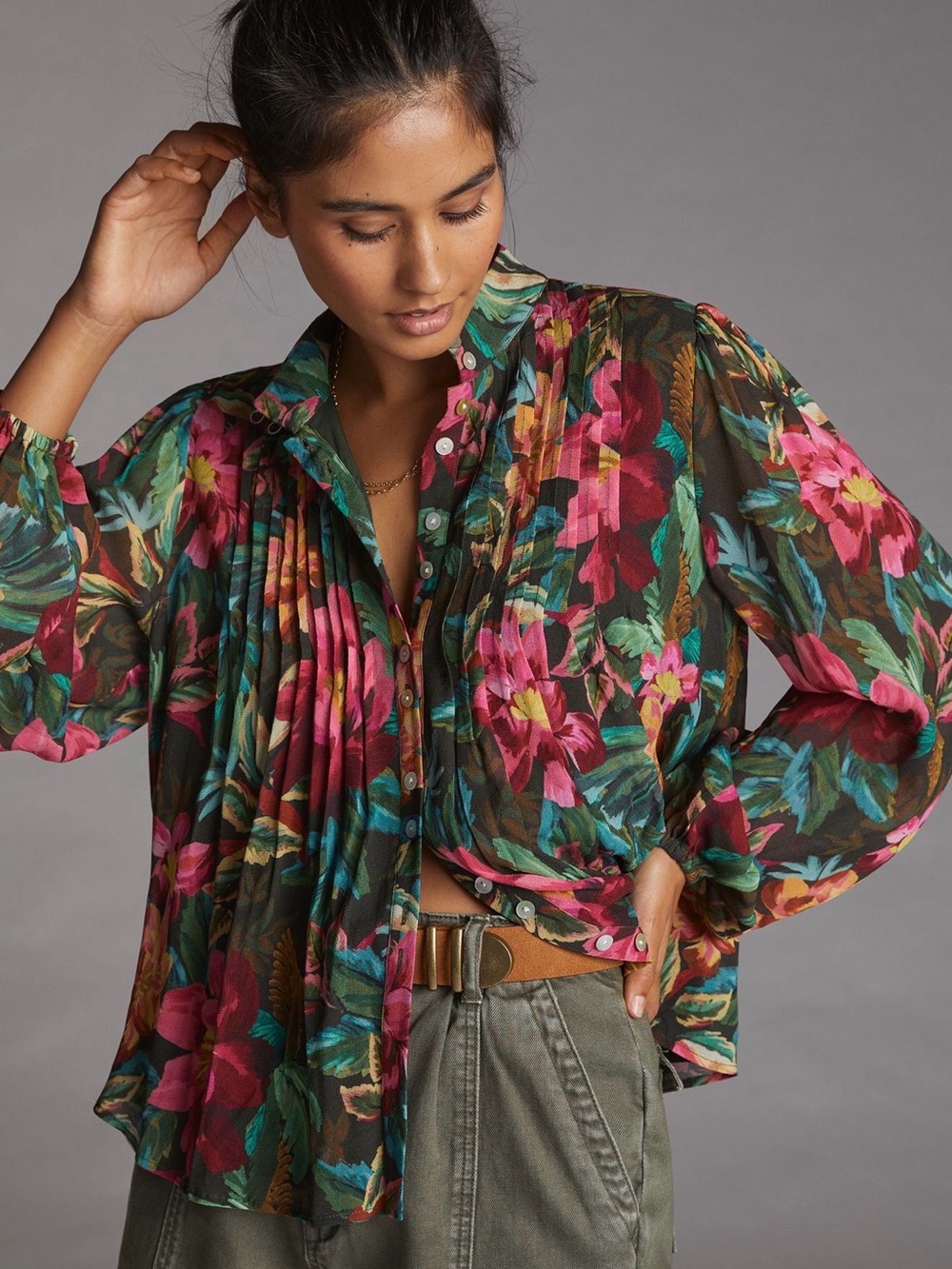 FARM RIO for ANTHROPOLOGIE Floral Pintucked Buttondown Top S Small NEW